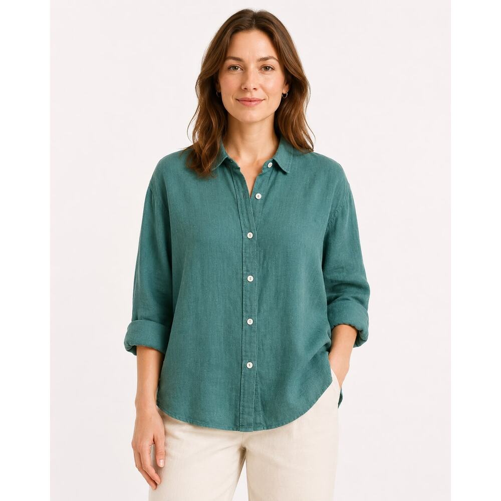 Sigrid Olsen 100% Linen Boxy Crop Shirt Green 3/4 Sleeve Large Coastal - Picture 6 of 6